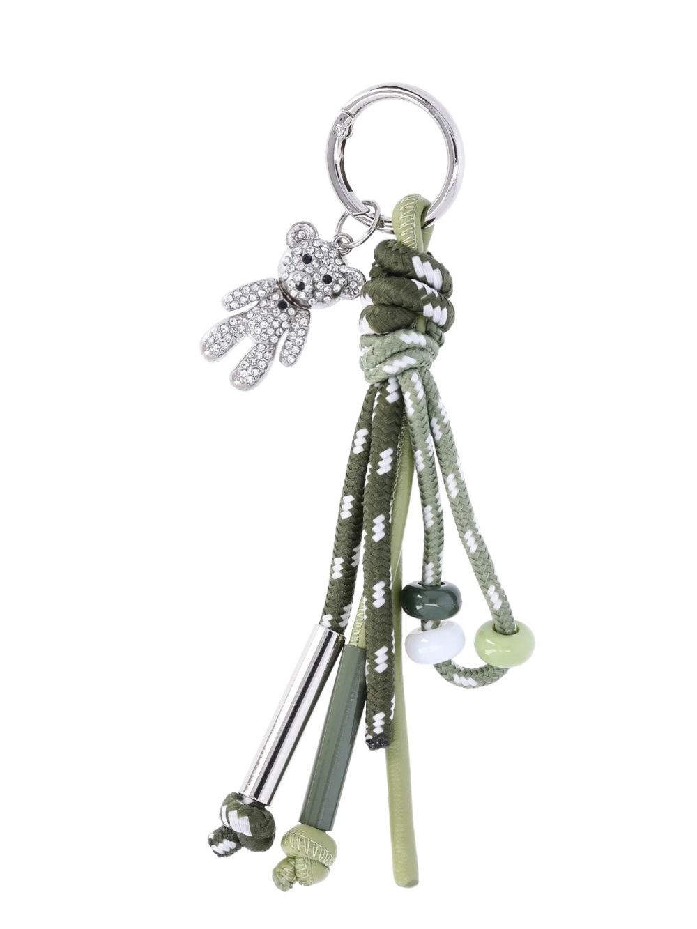 Olive Green Tassel Keychain Charm with Crystal Bear Accent